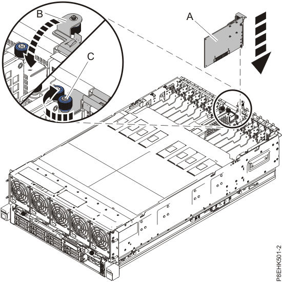 Installing the service processor card into slot P1-C5